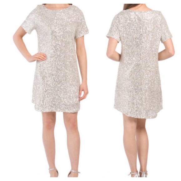 7 For All Mankind Sequin Mini Dress Silver Medium Short Sleeve New Years Eve - Picture 2 of 12